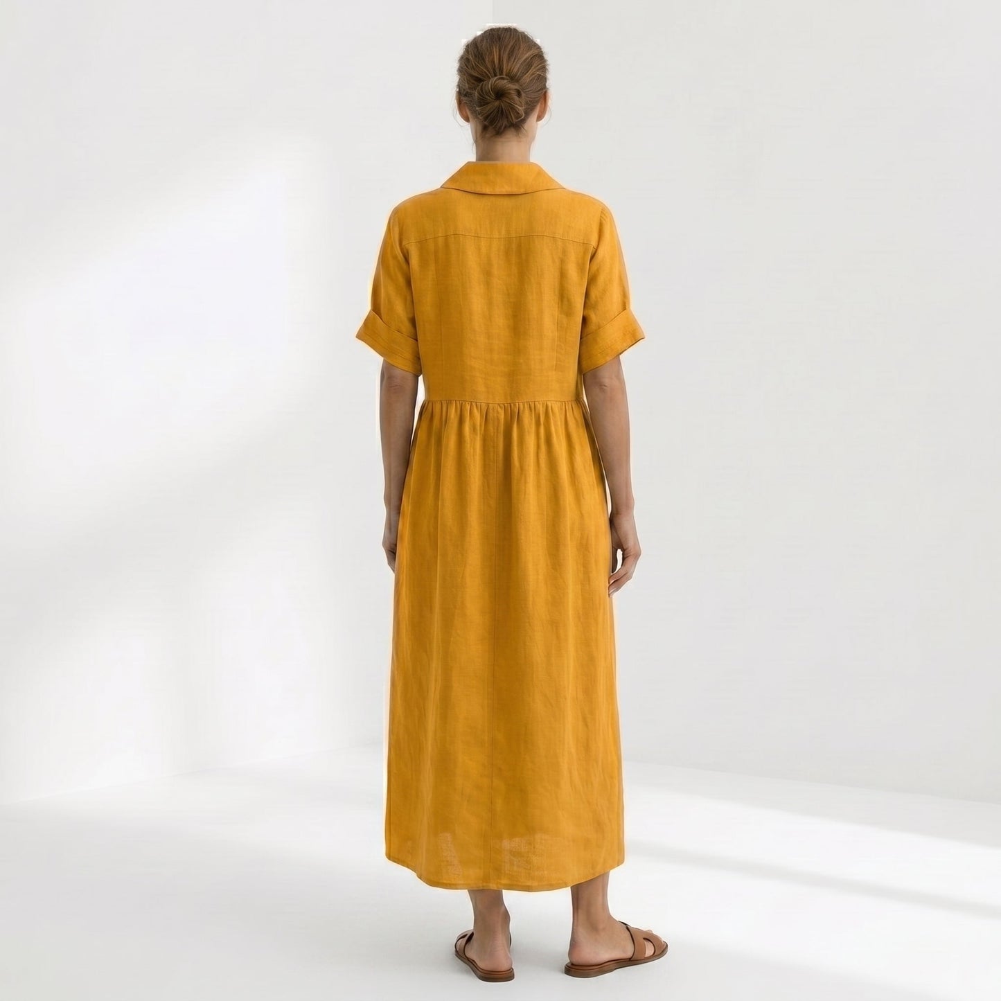 Margarita | Vestido Largo Camisero de Lino Mujer Pliegues Frontales