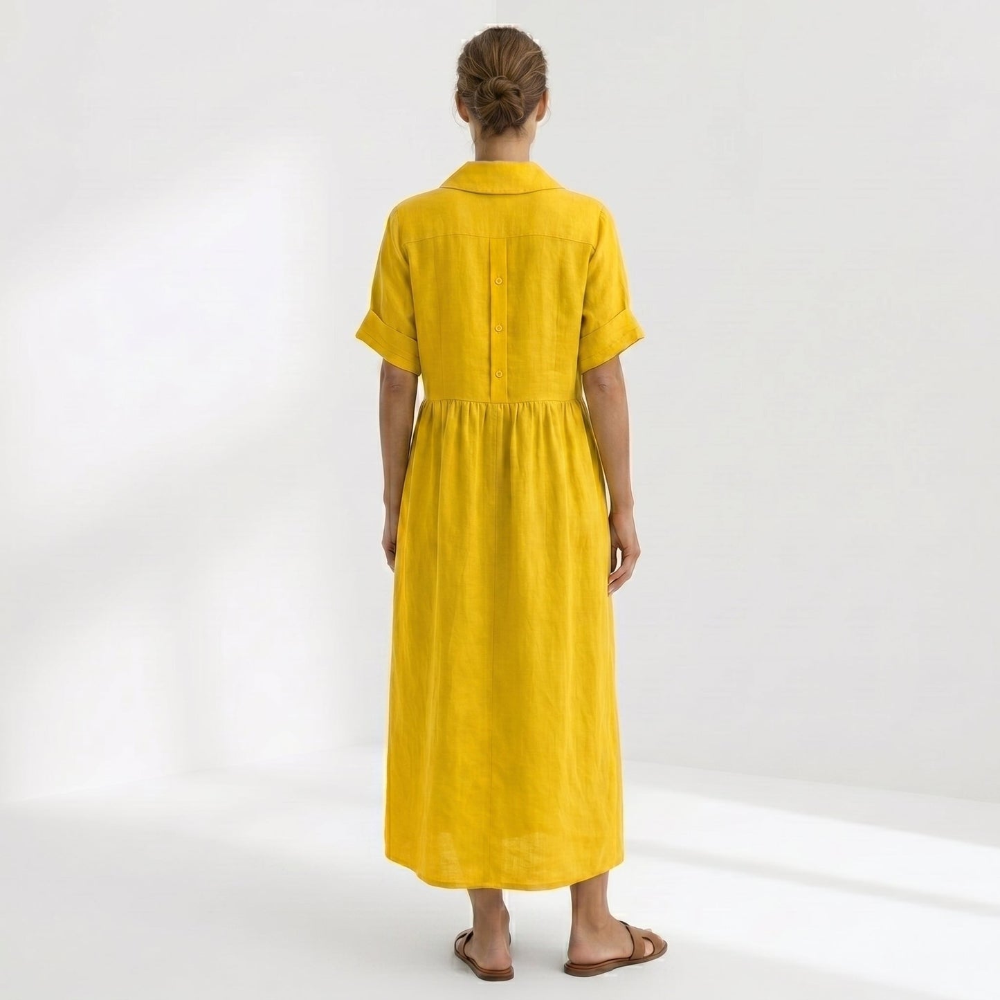 Margarita | Vestido Largo Camisero de Lino Mujer Pliegues Frontales