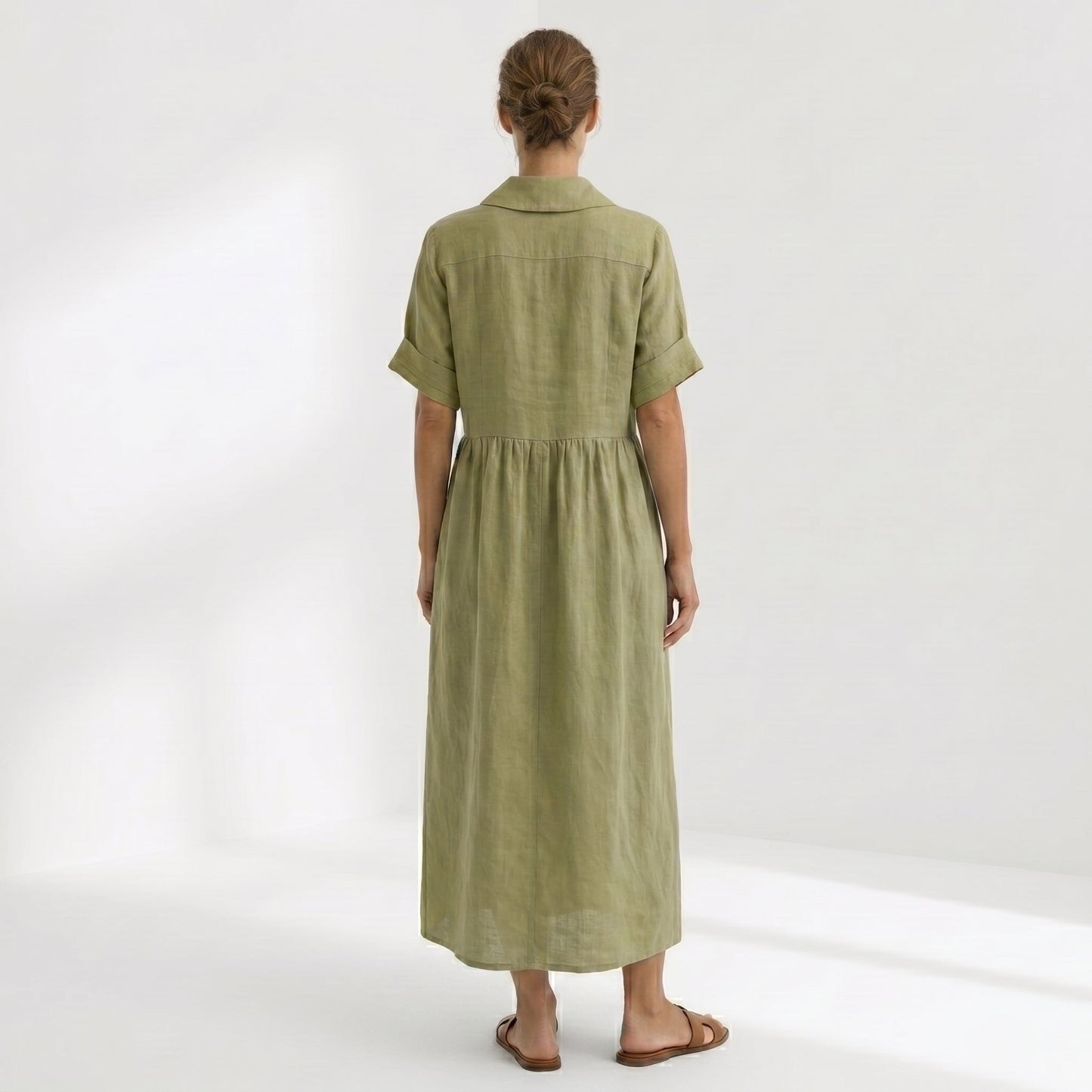 Margarita | Vestido Largo Camisero de Lino Mujer Pliegues Frontales
