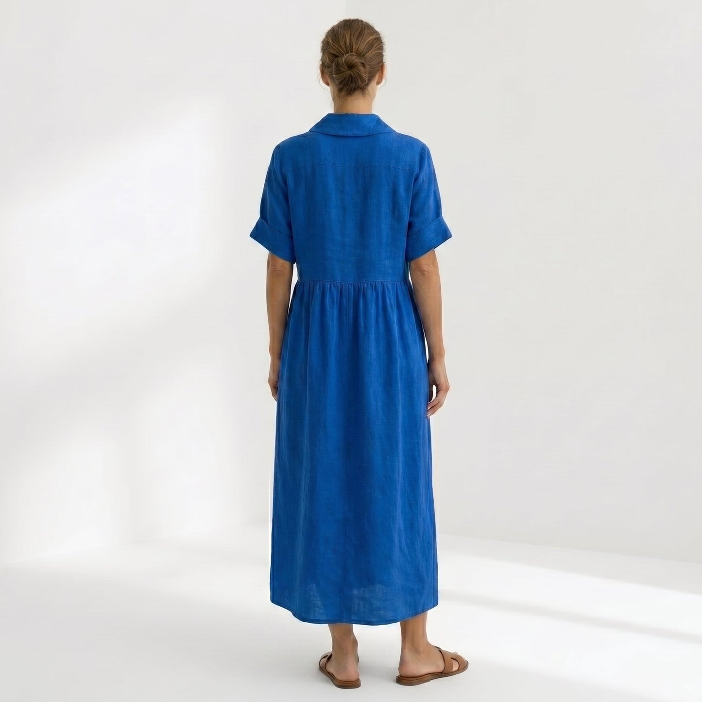 Margarita | Vestido Largo Camisero de Lino Mujer Pliegues Frontales