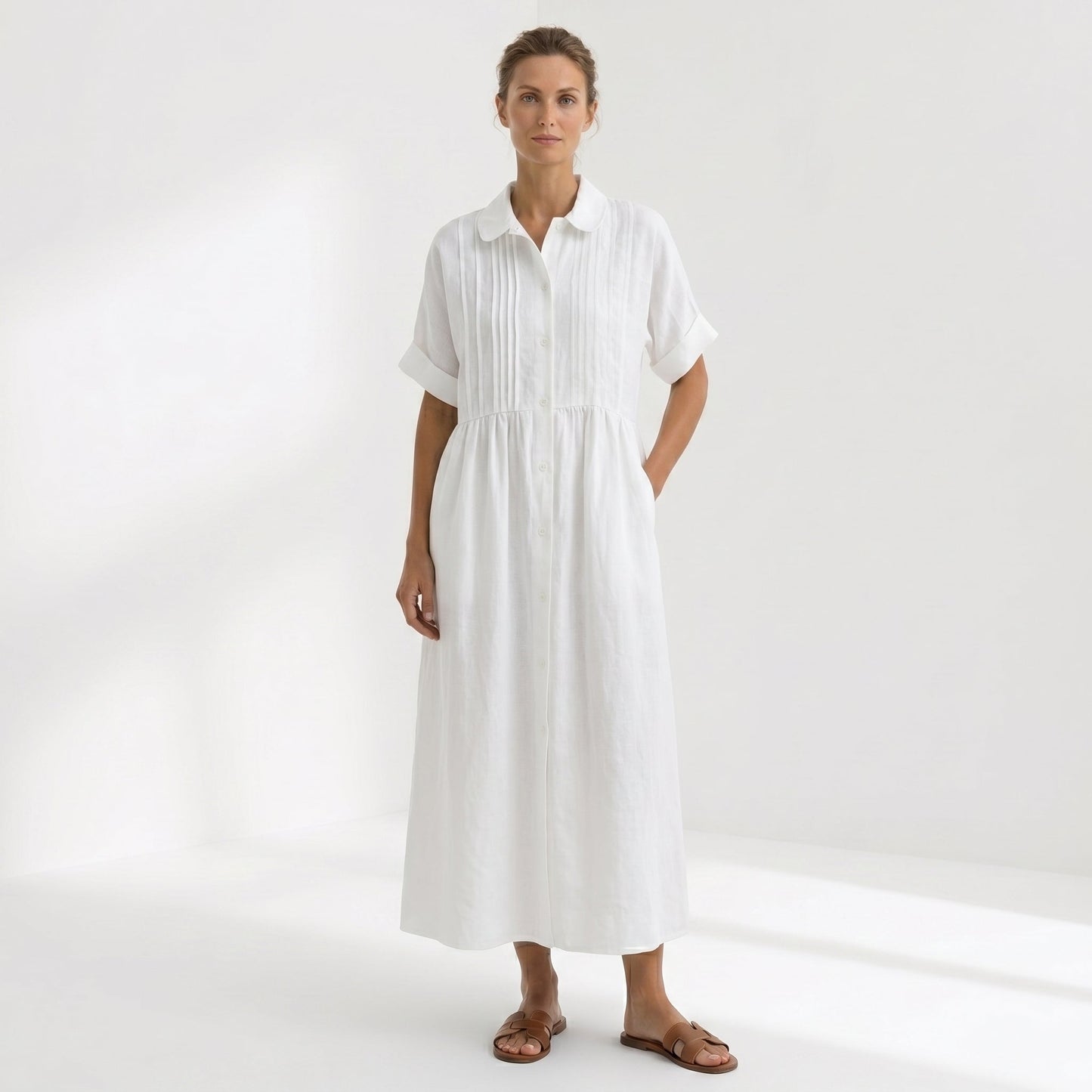 Margarita | Vestido Largo Camisero de Lino Mujer Pliegues Frontales