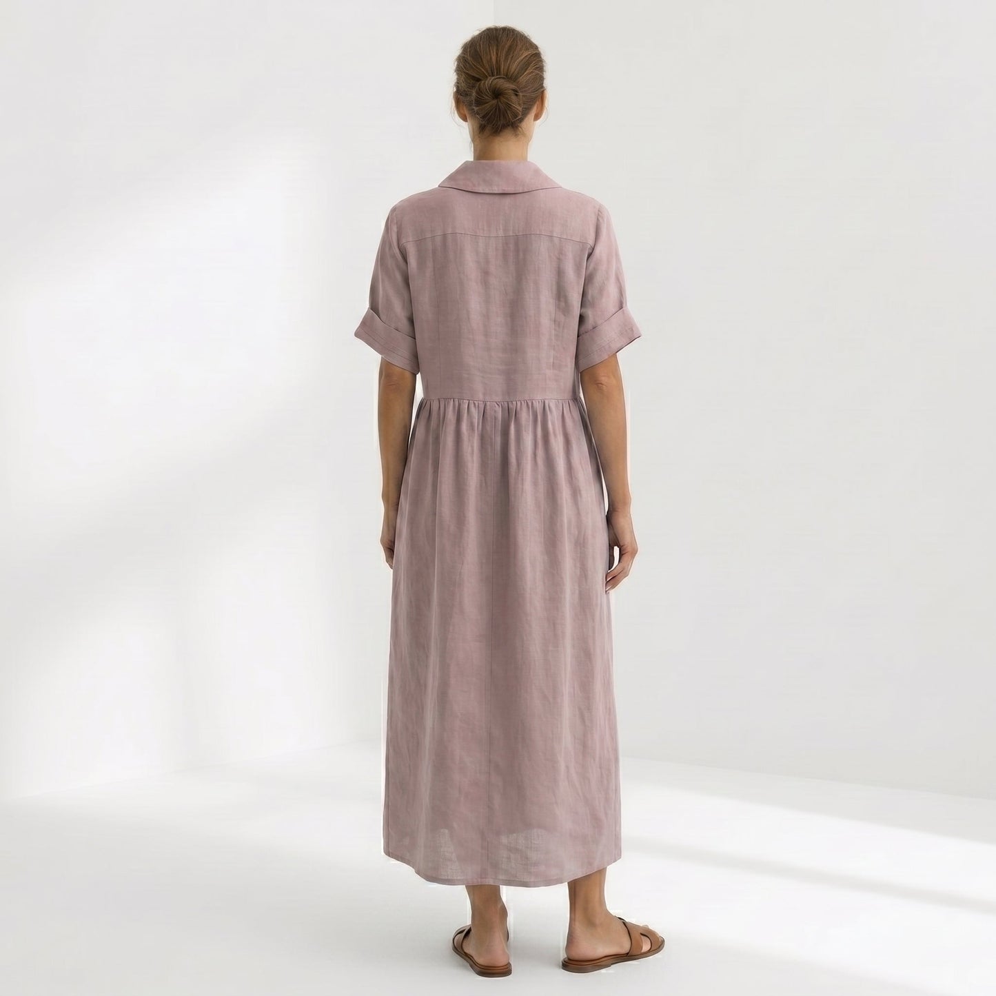 Margarita | Vestido Largo Camisero de Lino Mujer Pliegues Frontales