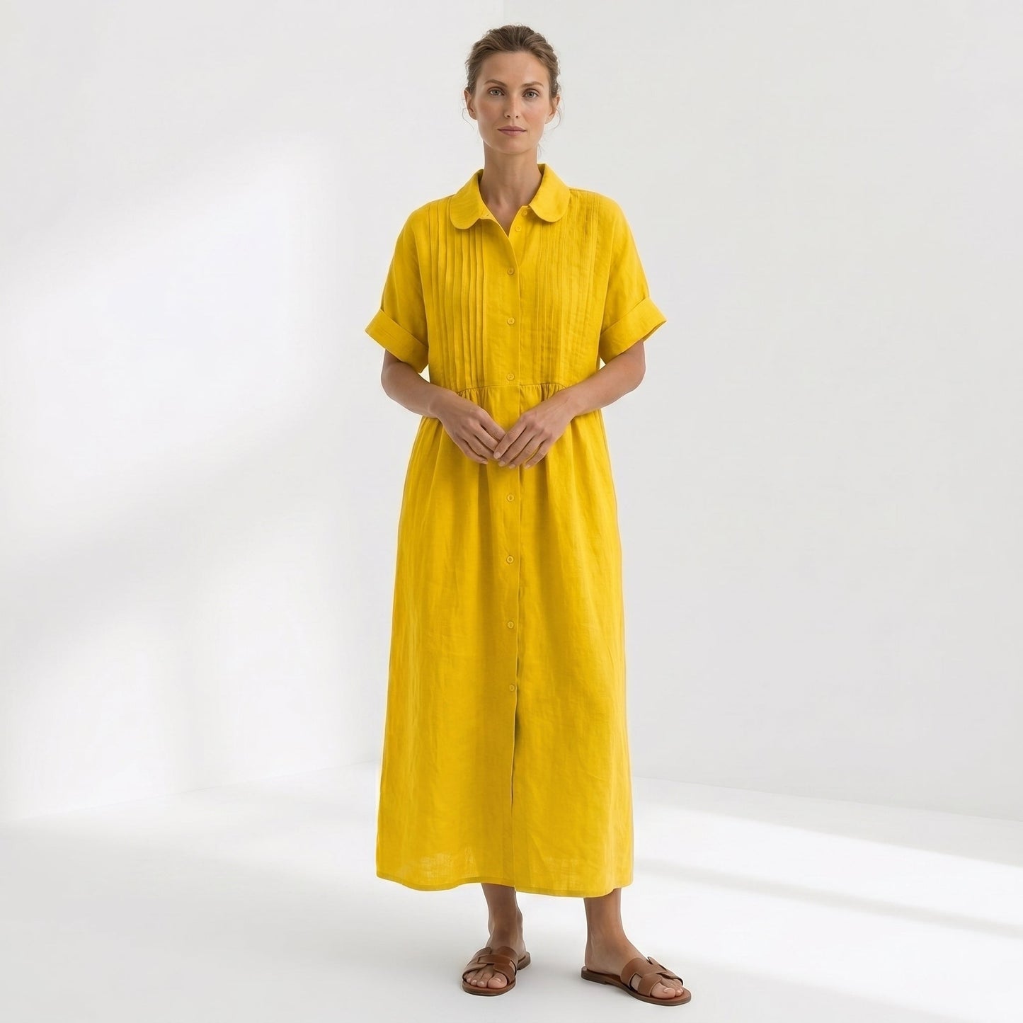 Margarita | Vestido Largo Camisero de Lino Mujer Pliegues Frontales
