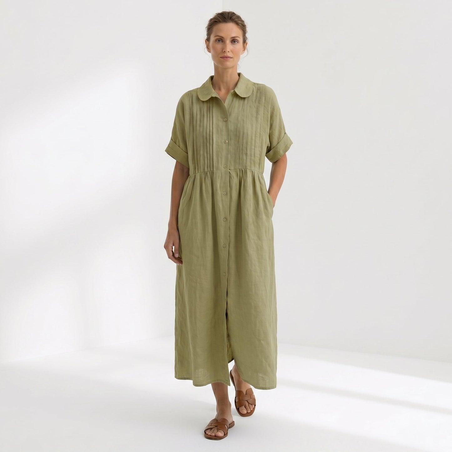 Margarita | Vestido Largo Camisero de Lino Mujer Pliegues Frontales