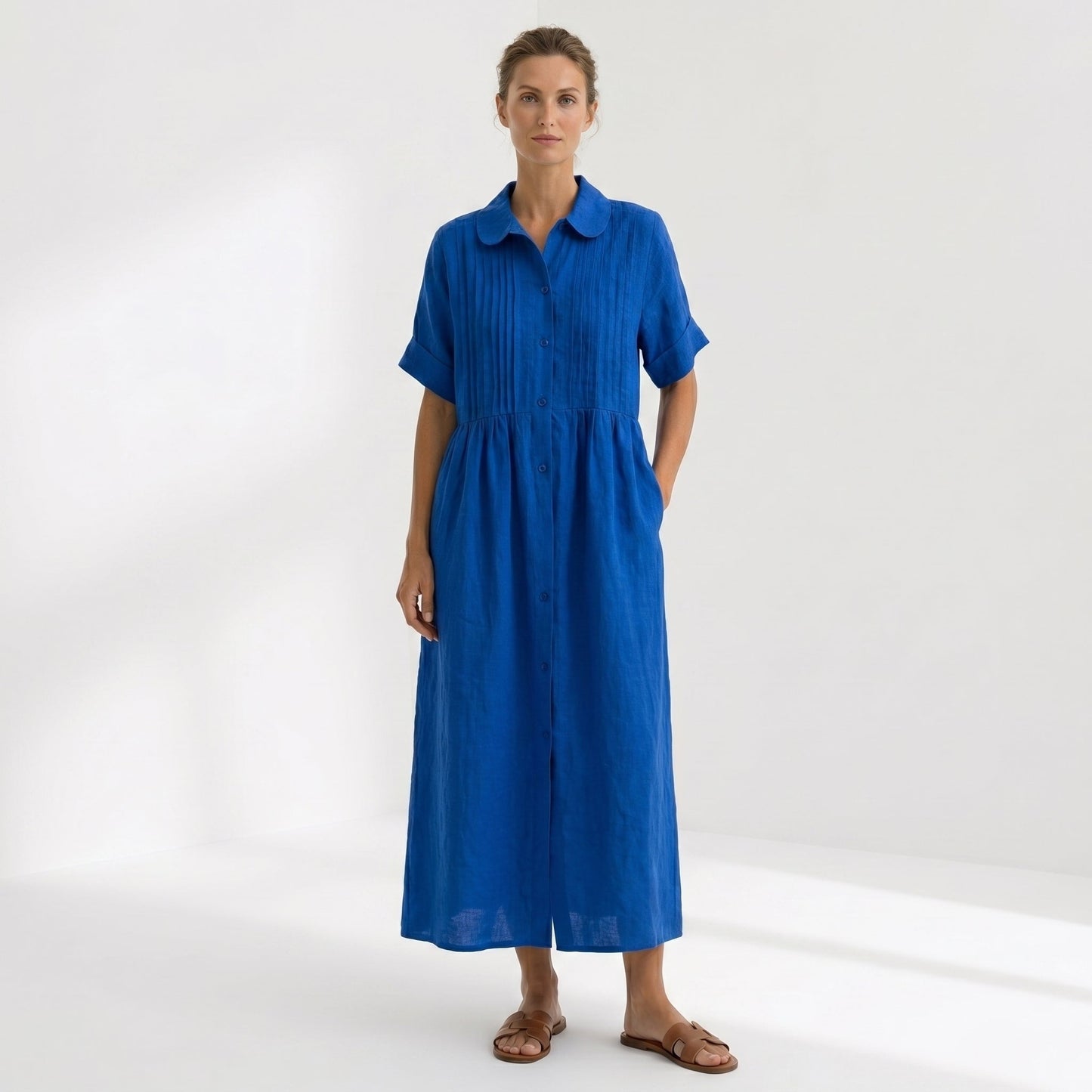 Margarita | Vestido Largo Camisero de Lino Mujer Pliegues Frontales