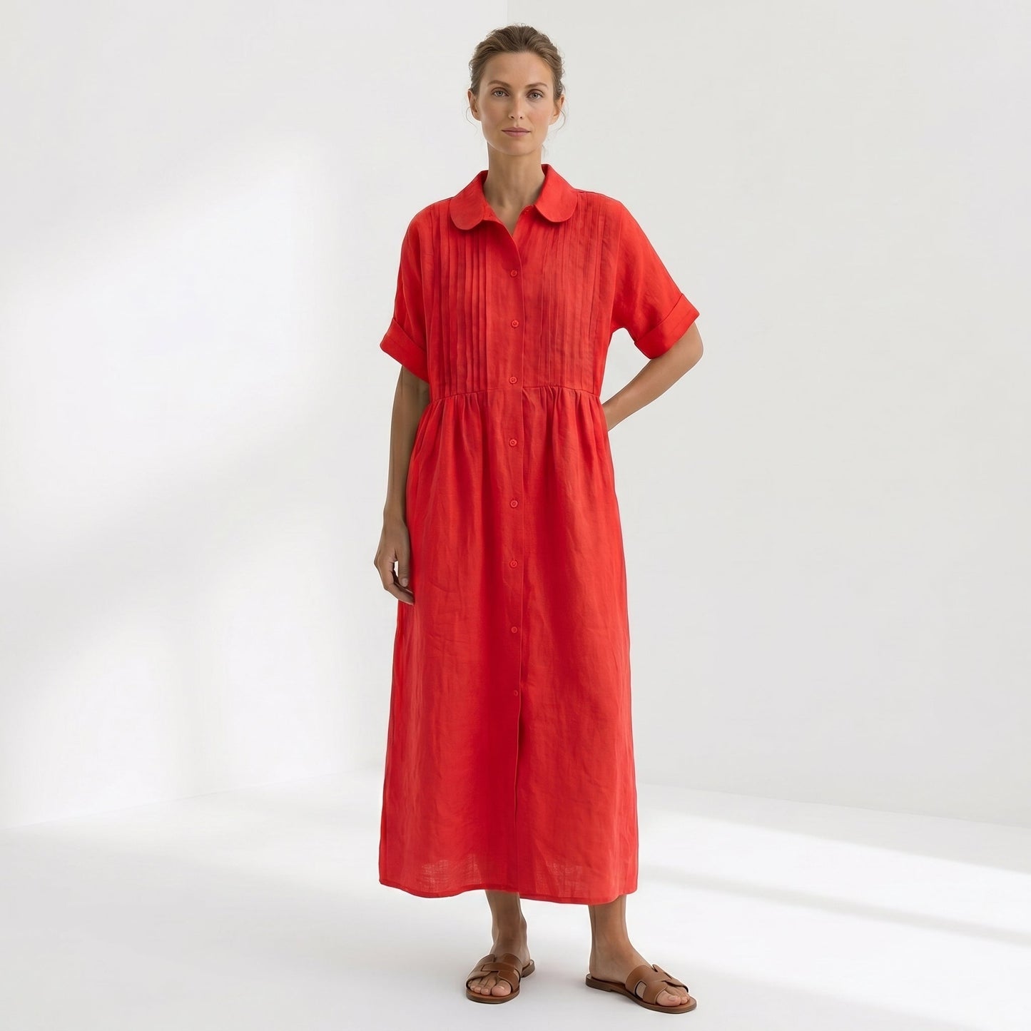 Margarita | Vestido Largo Camisero de Lino Mujer Pliegues Frontales
