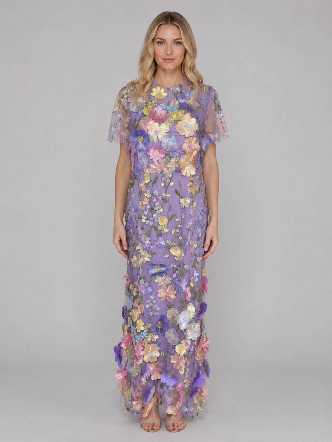 Marisol | Vestido Largo de Invitada de Boda Bordado Floral 3D Mujer Manga Corta