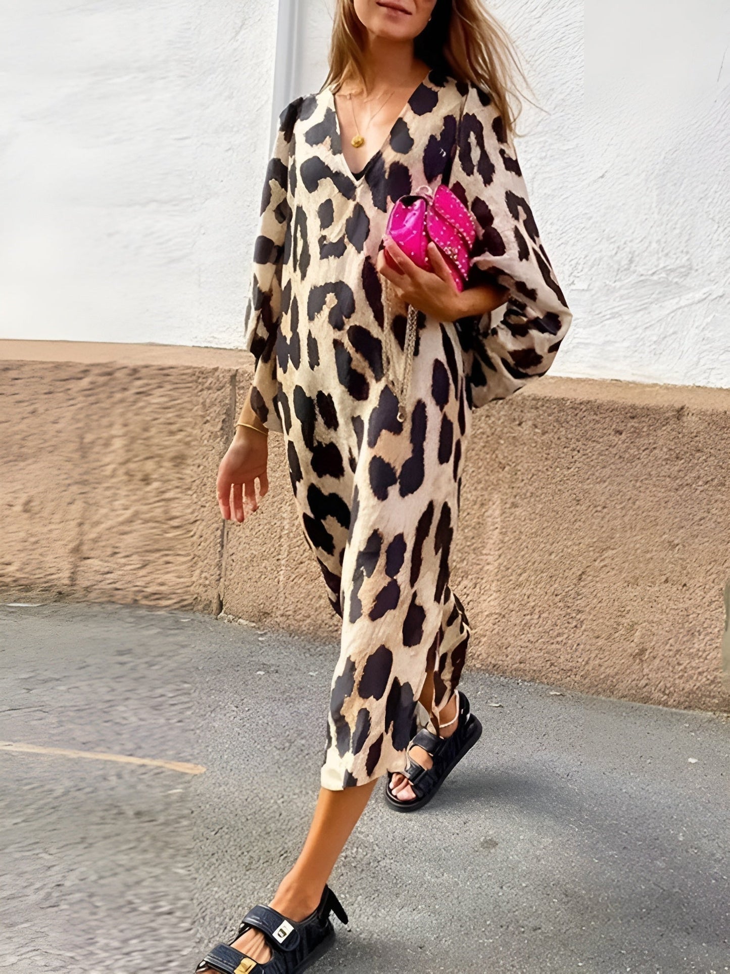 Mónica | Vestido Largo Casual Mujer Estampado Animal Print Escote V