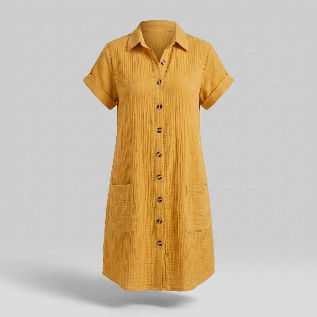 Montserrat | Vestido Camisero Corto Mujer Manga Corta Bolsillos
