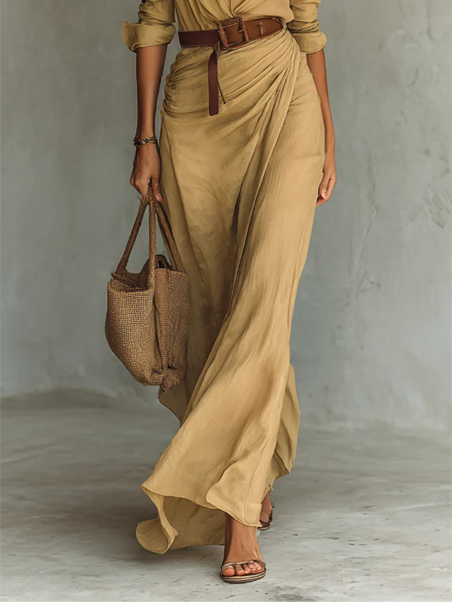 Nerea | Vestido Largo Camisero con Cinturón Mujer Escote V