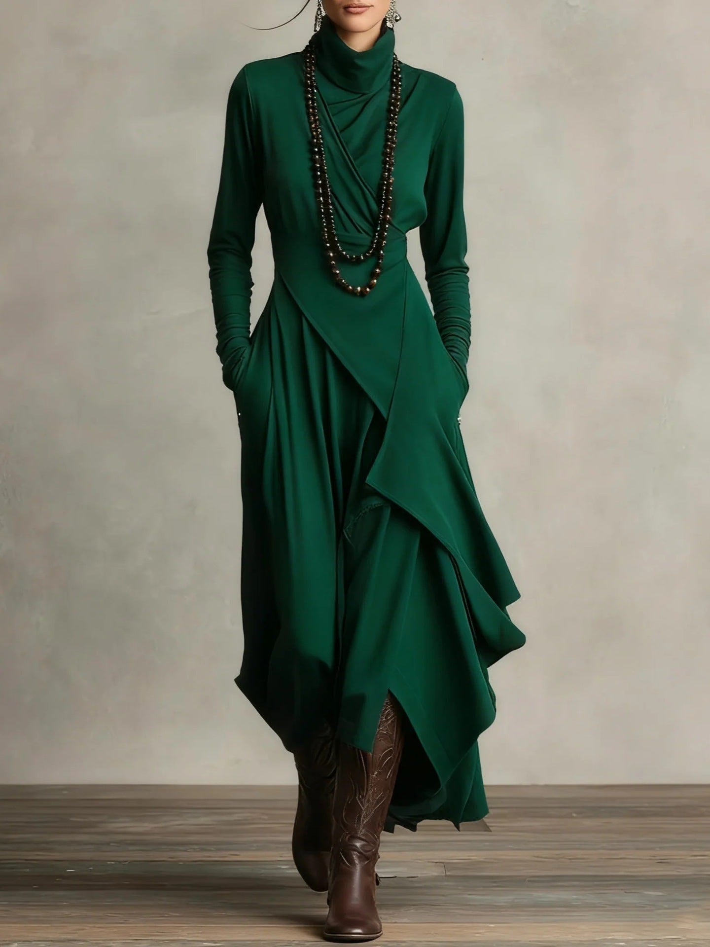 Nerea | Vestido Largo de Invitada Invierno Mujer Cuello Alto Drapeado
