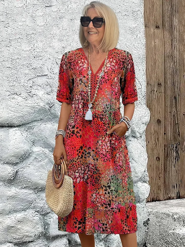 Noelia | Vestido Midi Floral Mujer Escote V Manga Corta