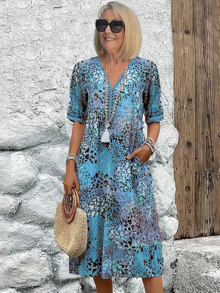 Noelia | Vestido Midi Floral Mujer Escote V Manga Corta