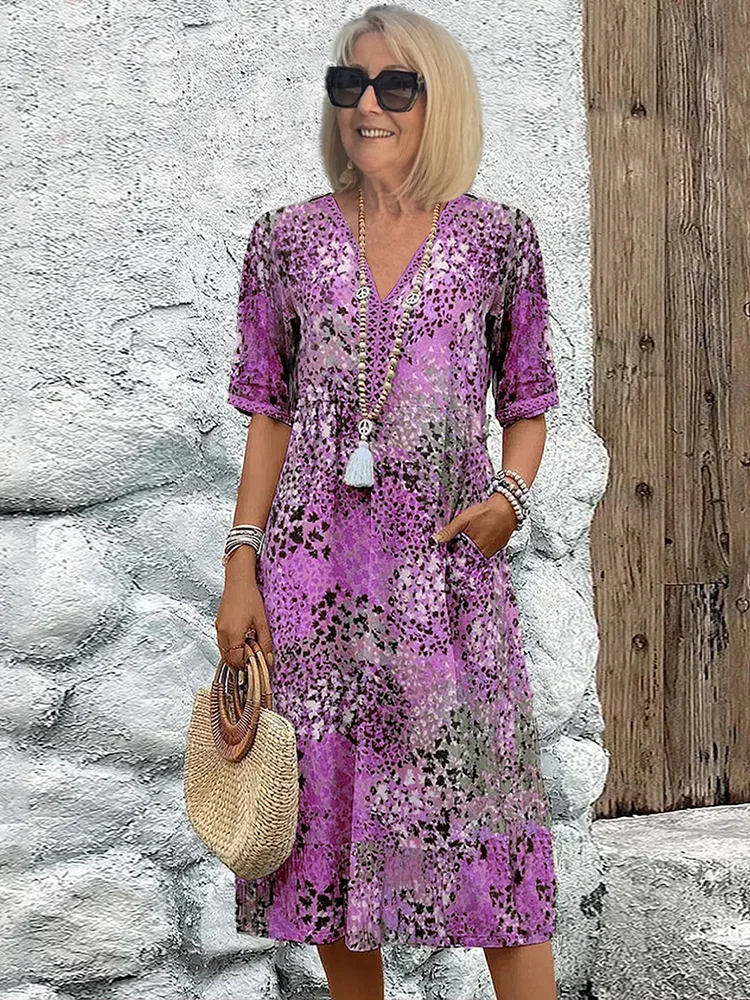Noelia | Vestido Midi Floral Mujer Escote V Manga Corta