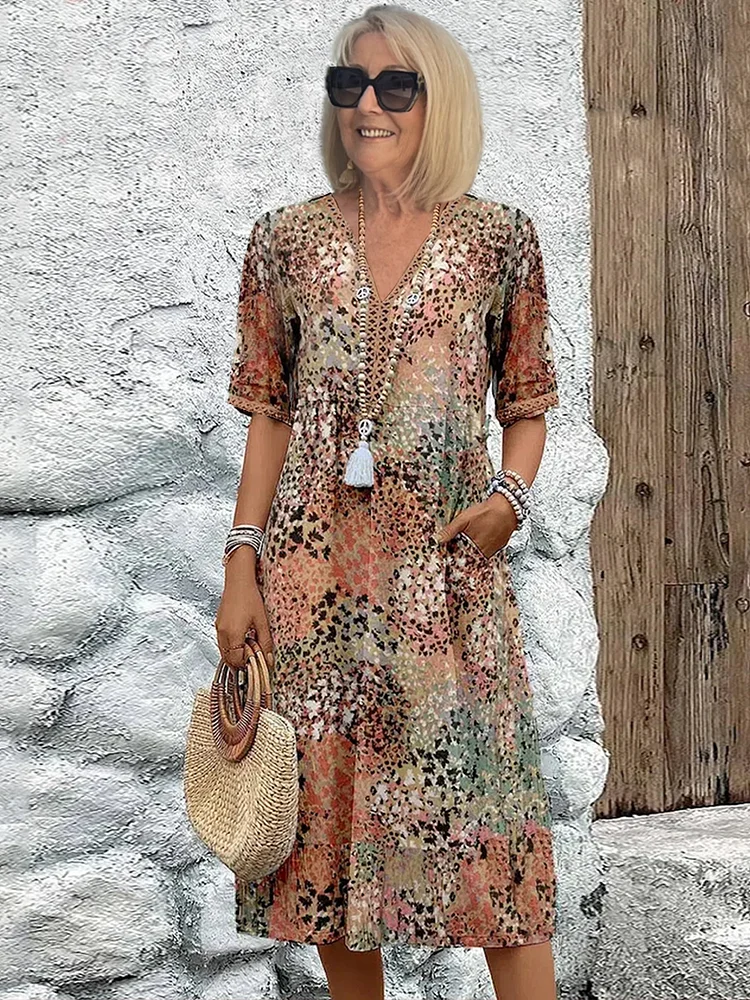 Noelia | Vestido Midi Floral Mujer Escote V Manga Corta
