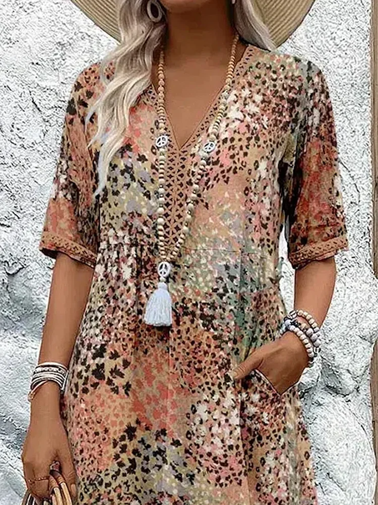 Noelia | Vestido Midi Floral Mujer Escote V Manga Corta