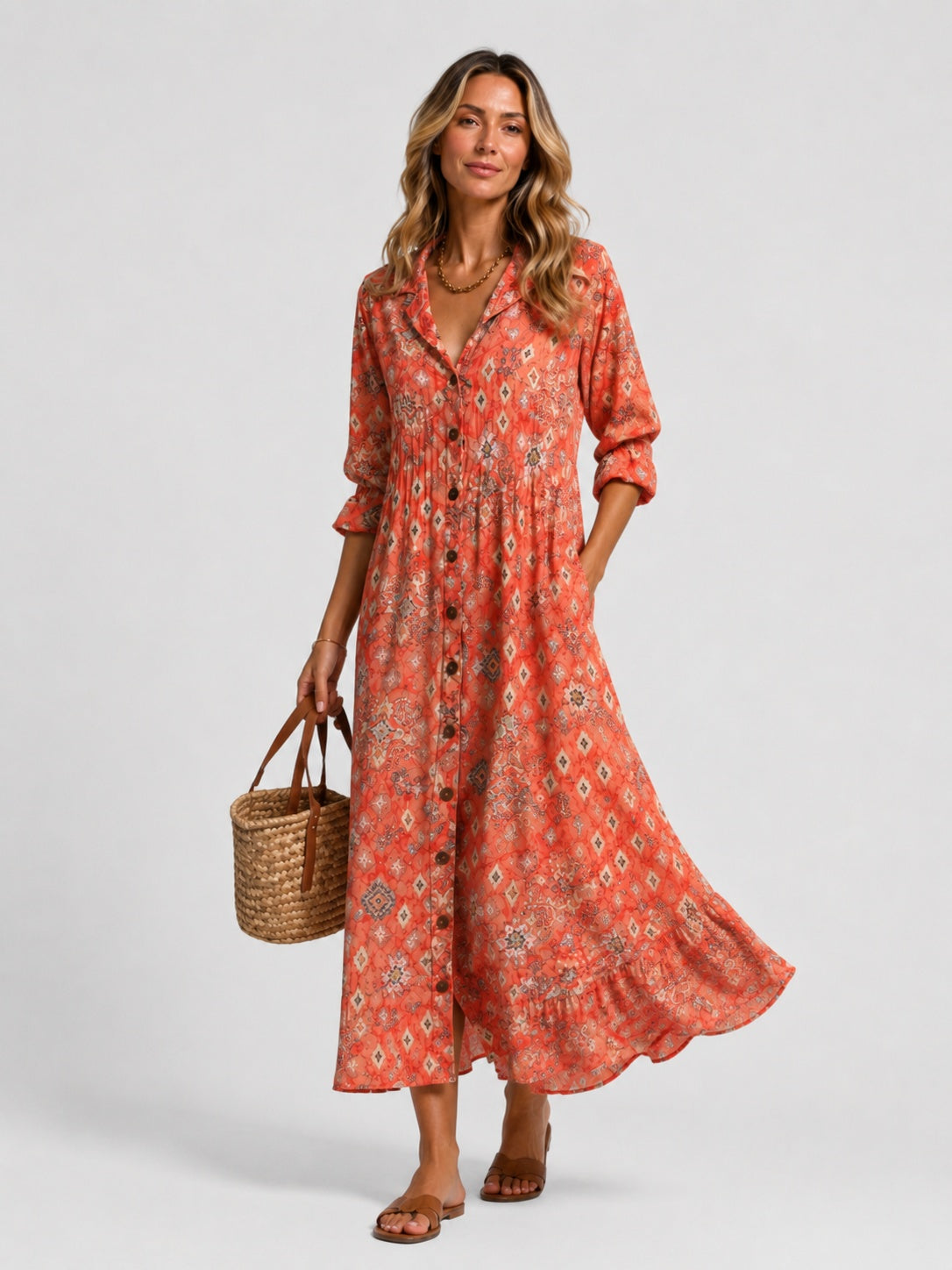 Nuria | Vestido Largo Camisero Estampado Mujer Manga Larga Botones