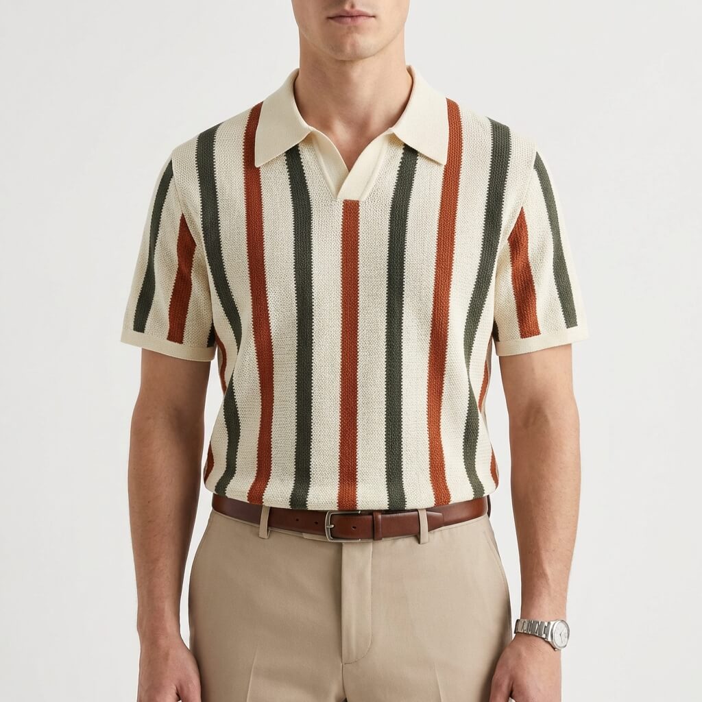 PALERMO | POLO HOMBRE PUNTO CALADO RAYA VERTICAL CUELLO ABIERTO