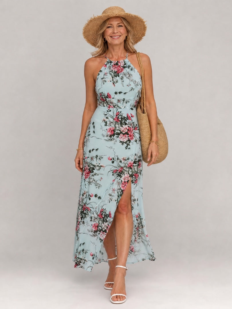 Paloma | Vestido Largo Floral Mujer Cuello Halter Abertura Lateral