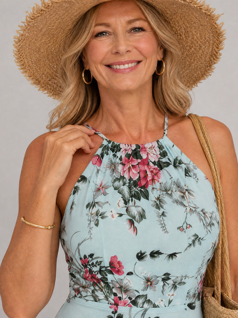 Paloma | Vestido Largo Floral Mujer Cuello Halter Abertura Lateral