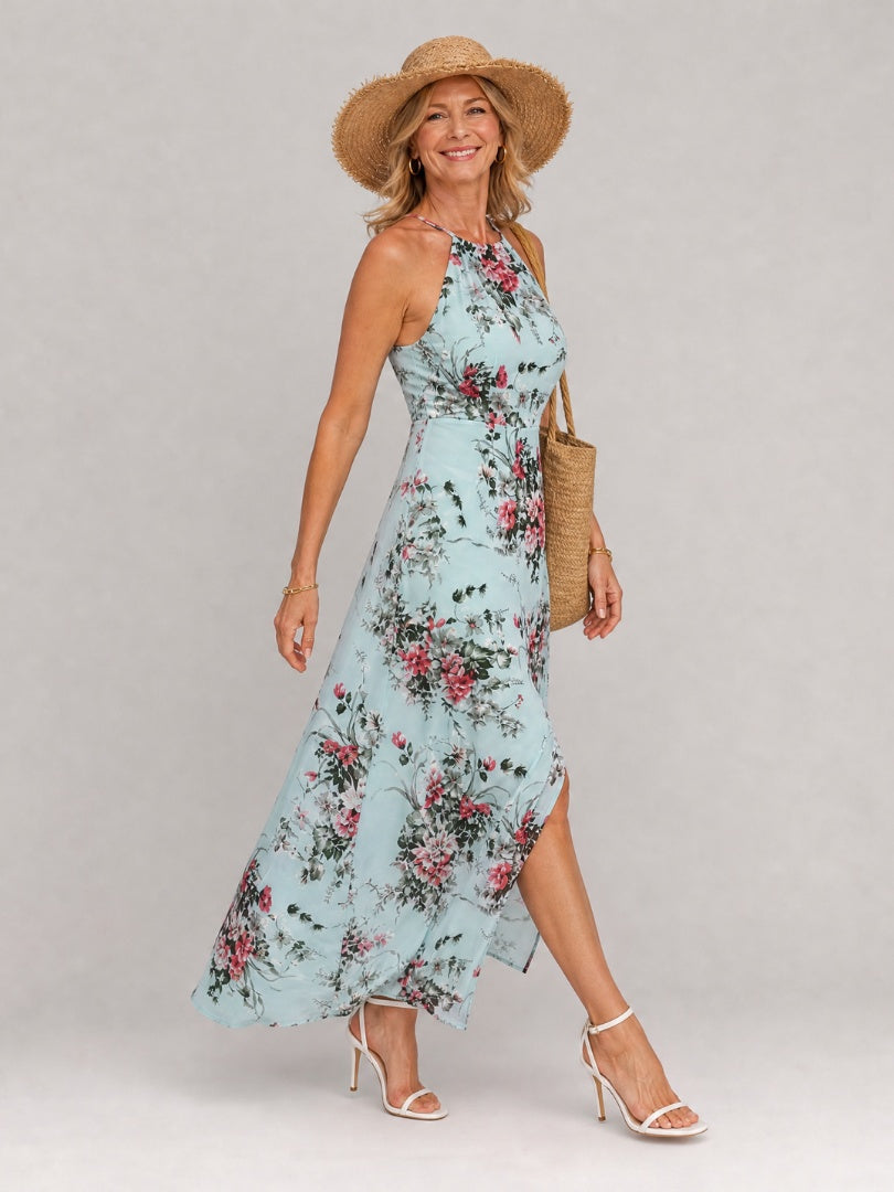 Paloma | Vestido Largo Floral Mujer Cuello Halter Abertura Lateral