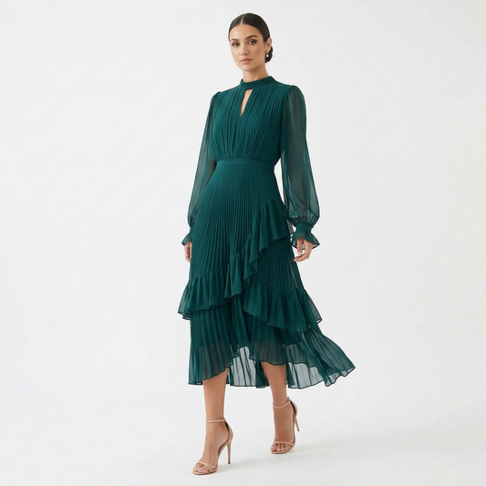 Paloma | Vestido Midi Plisado con Volantes Mujer Cuello Alto