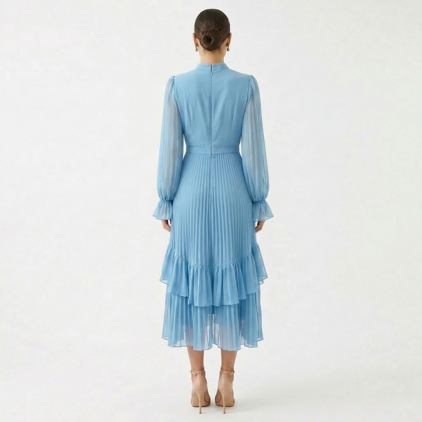 Paloma | Vestido Midi Plisado con Volantes Mujer Cuello Alto