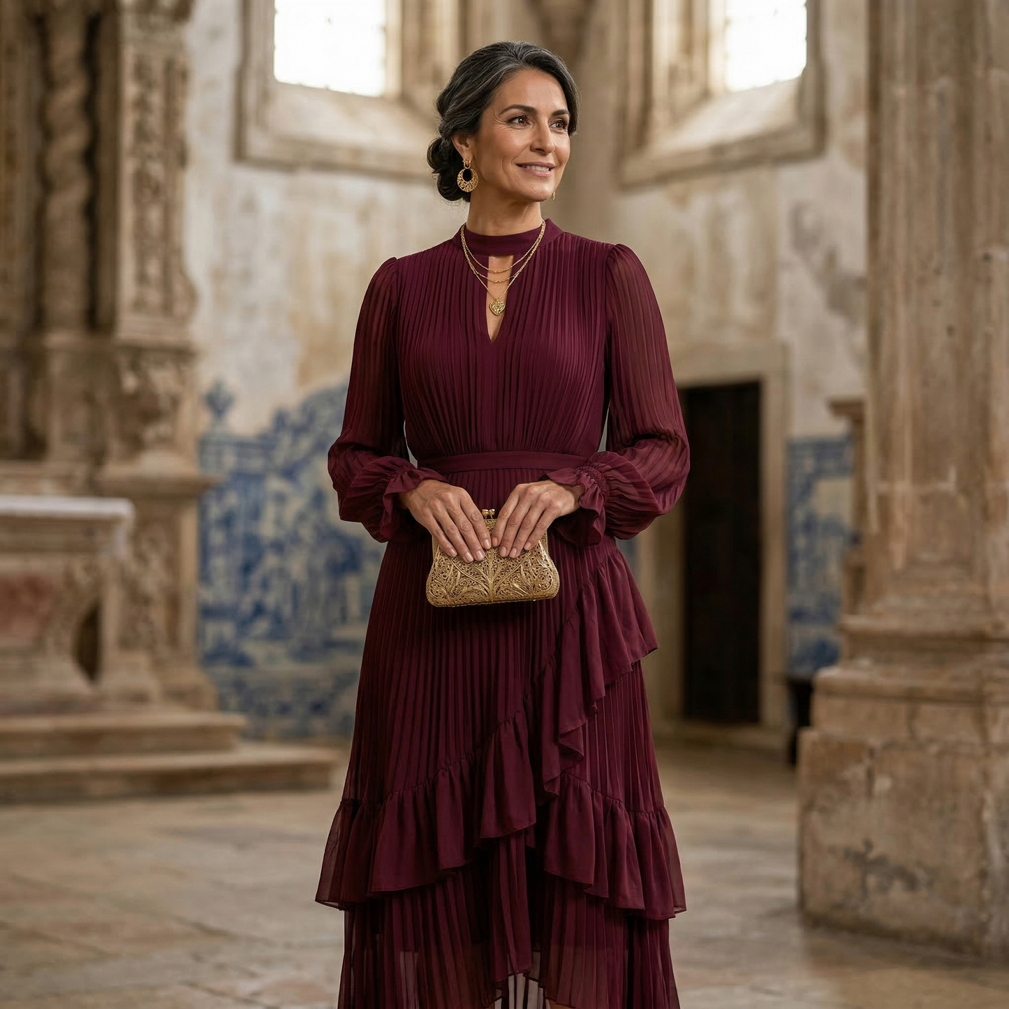 Paloma | Vestido Midi Plisado con Volantes Mujer Cuello Alto
