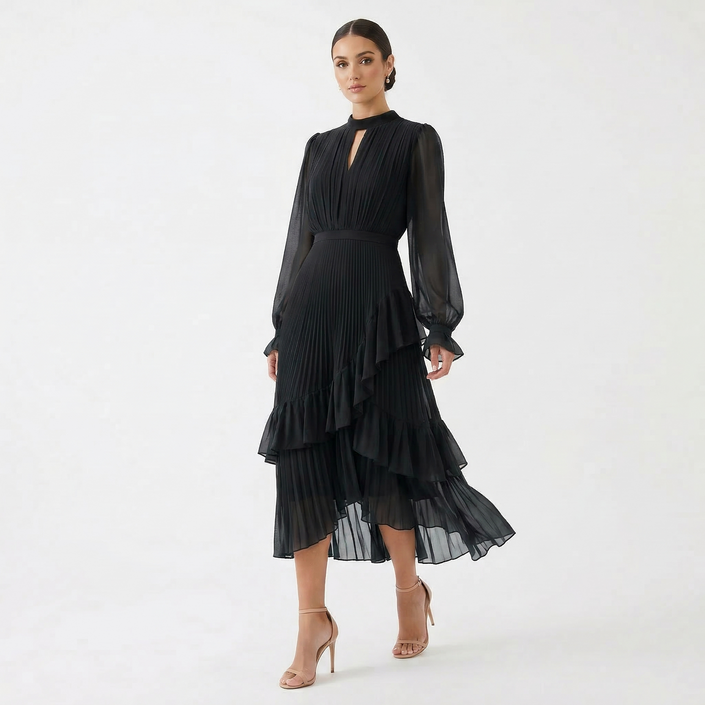 Paloma | Vestido Midi Plisado con Volantes Mujer Cuello Alto