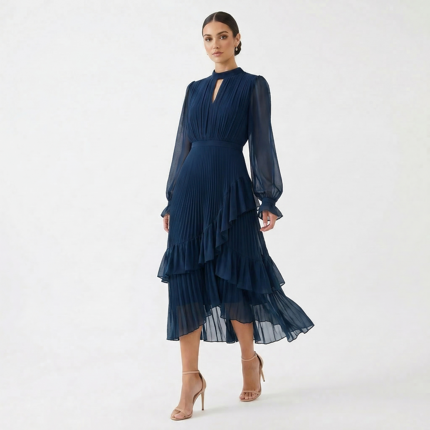 Paloma | Vestido Midi Plisado con Volantes Mujer Cuello Alto