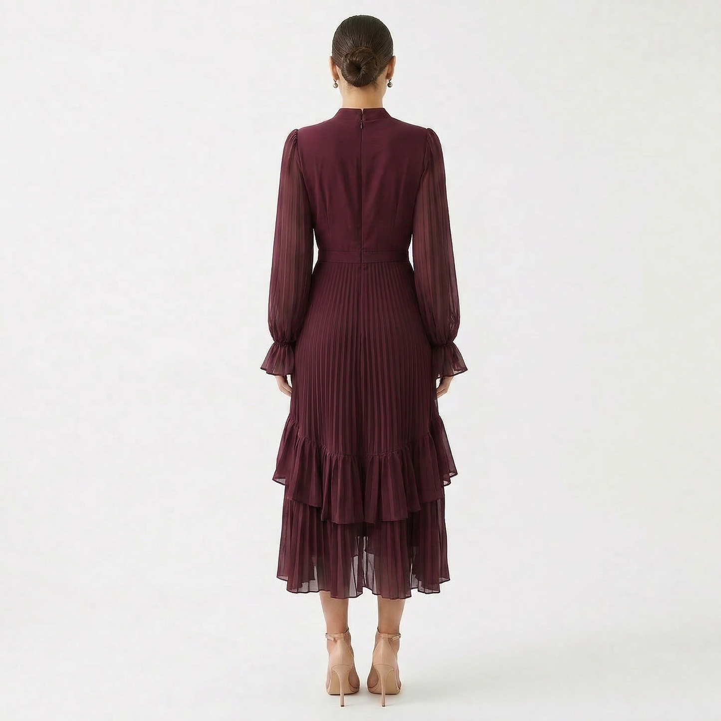 Paloma | Vestido Midi Plisado con Volantes Mujer Cuello Alto