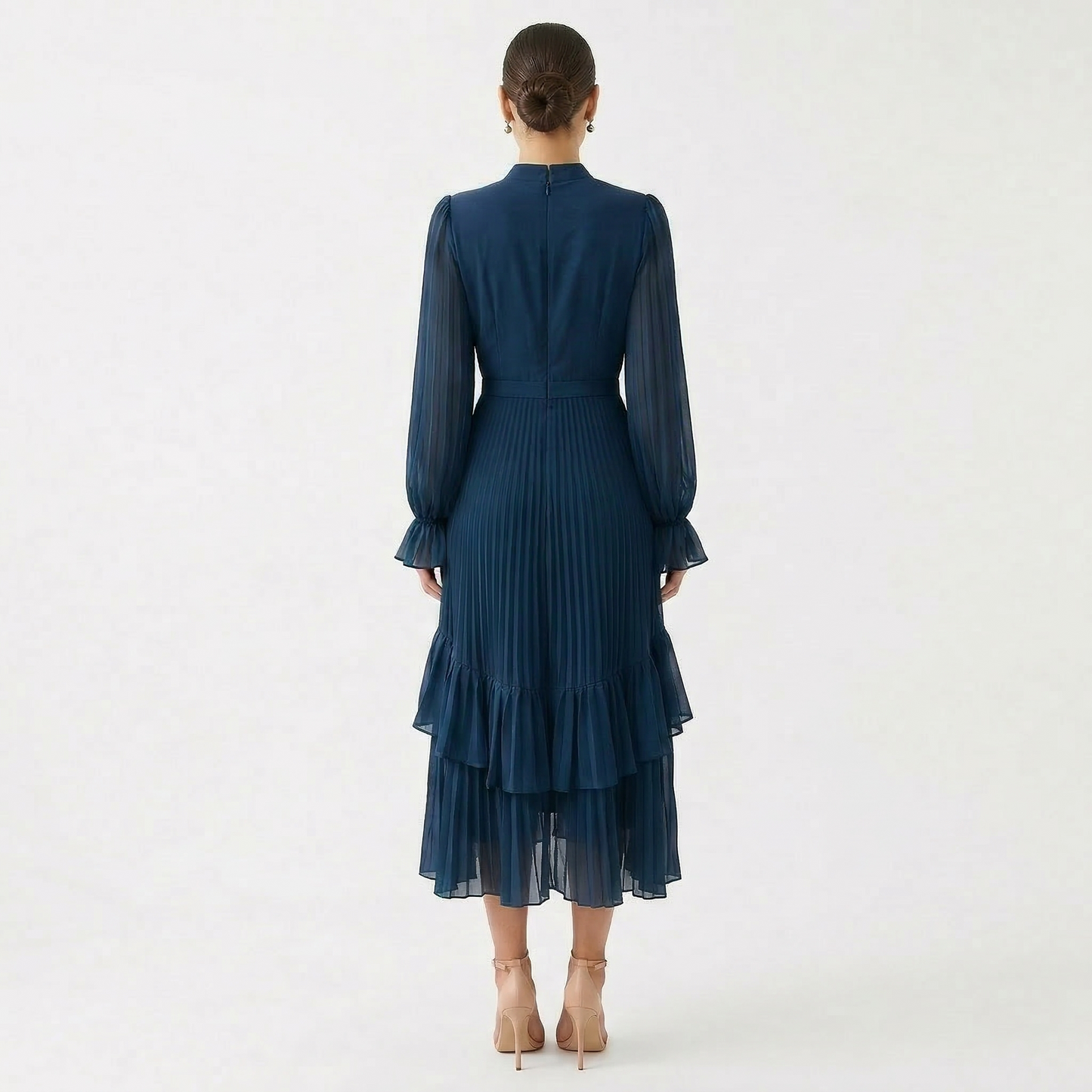 Paloma | Vestido Midi Plisado con Volantes Mujer Cuello Alto