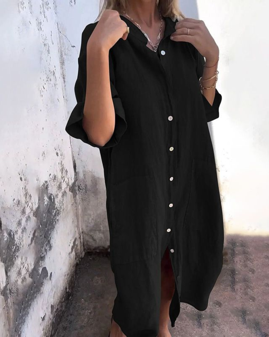 Pilar | Vestido Camisero Largo de Lino Mujer Botones