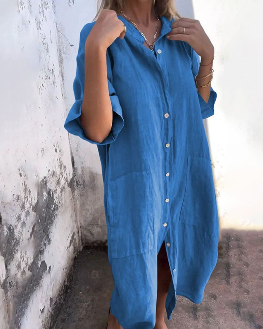 Pilar | Vestido Camisero Largo de Lino Mujer Botones