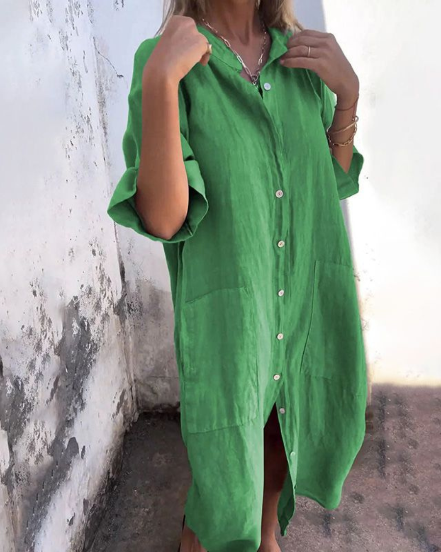 Pilar | Vestido Camisero Largo de Lino Mujer Botones