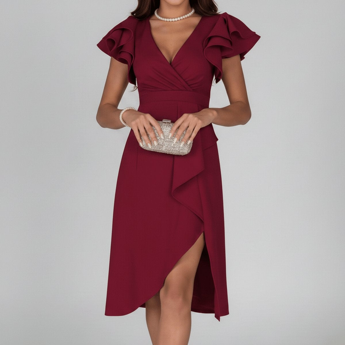 Remedios | Vestido Invitada Otoño con Volantes Mujer Escote V Asimétrico