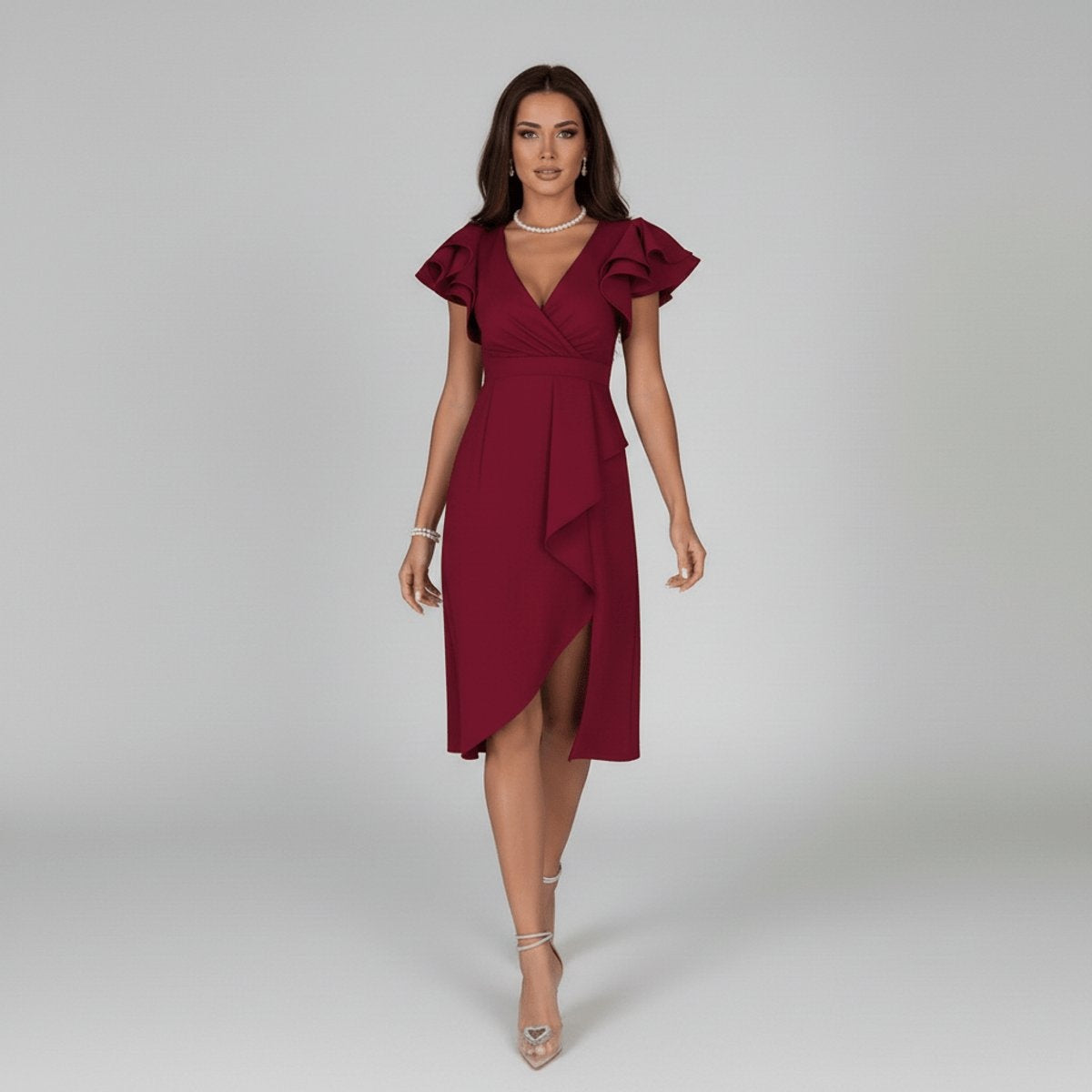 Remedios | Vestido Invitada Otoño con Volantes Mujer Escote V Asimétrico