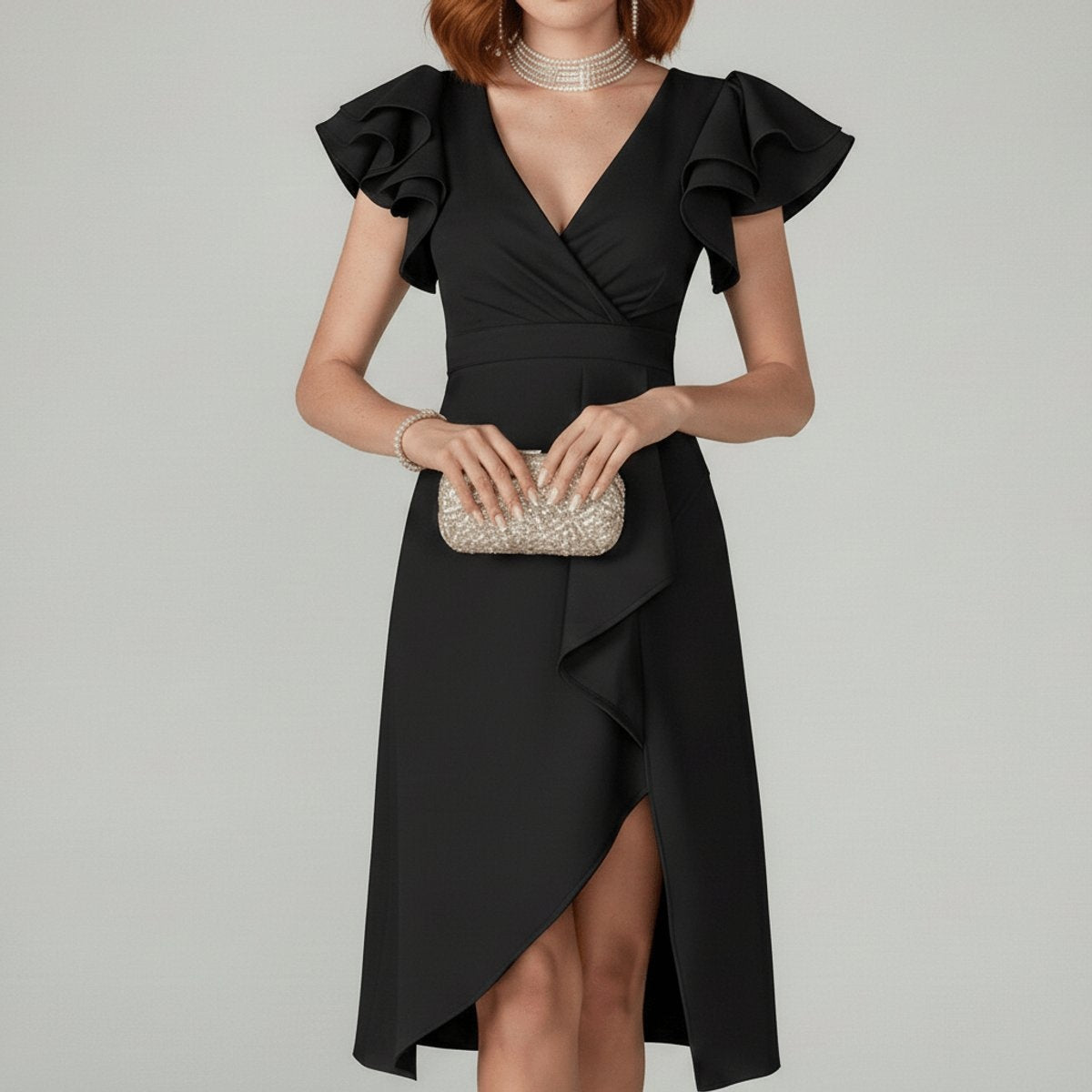 Remedios | Vestido Invitada Otoño con Volantes Mujer Escote V Asimétrico