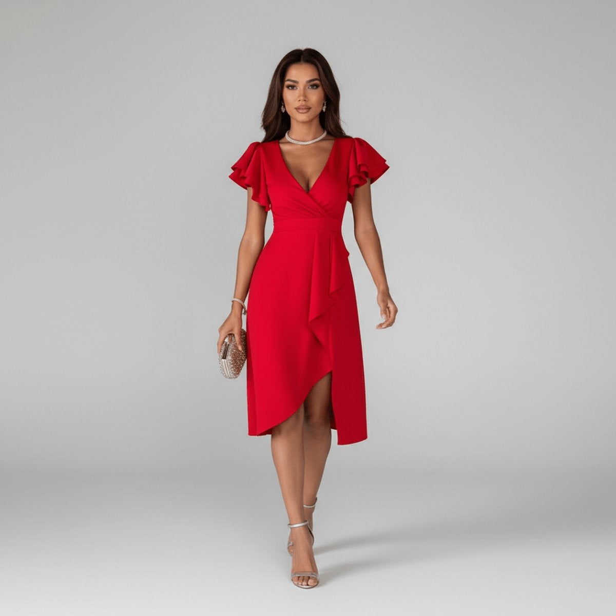 Remedios | Vestido Invitada Otoño con Volantes Mujer Escote V Asimétrico