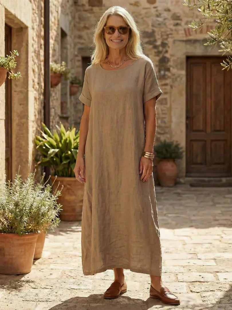 Rosalía | Vestido Largo de Lino Casual Mujer Manga Corta