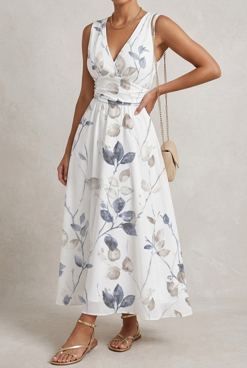 Triana | Vestido Largo de Invitada Estampado Floral Mujer Escote V Sin Mangas