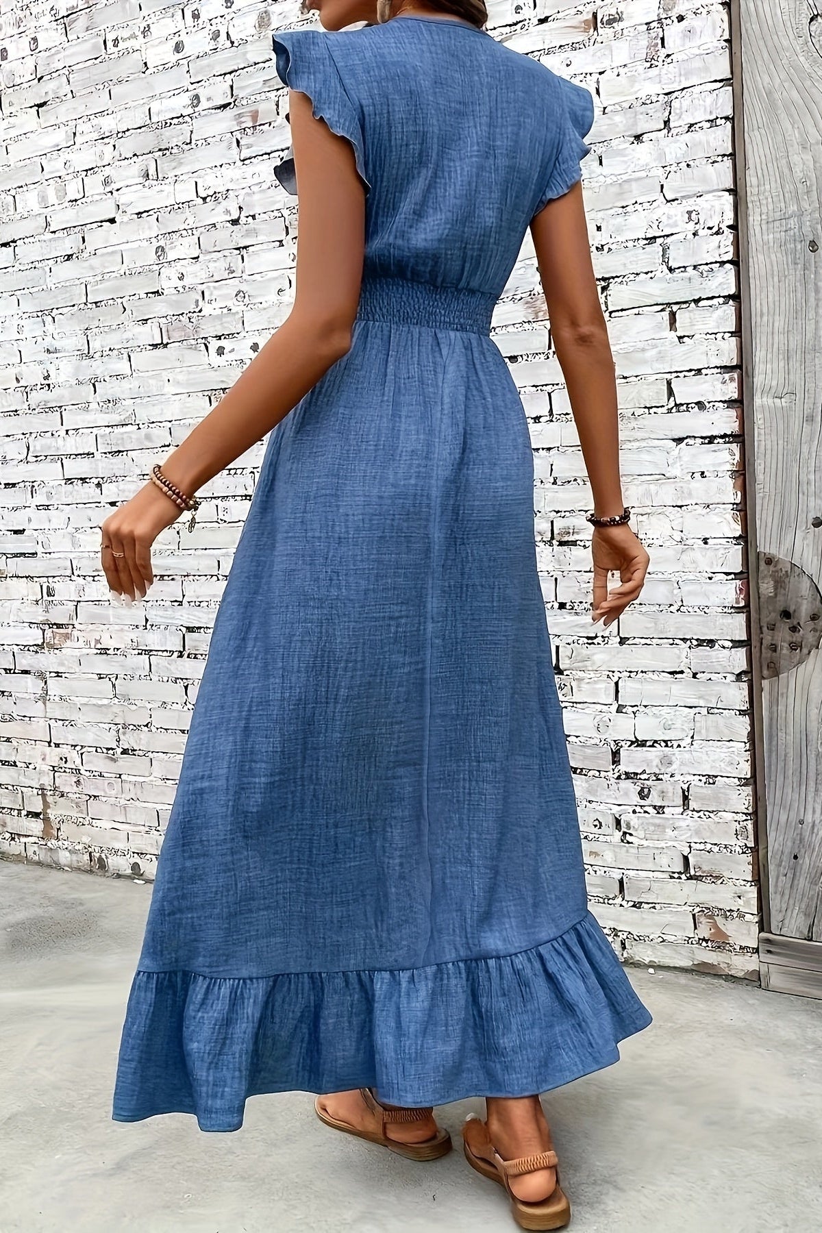 Uxía | Vestido Largo con Volantes Mujer Escote V Cintura Fruncida
