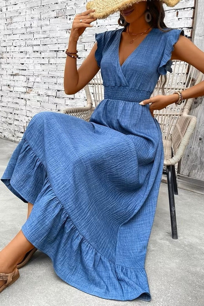Uxía | Vestido Largo con Volantes Mujer Escote V Cintura Fruncida