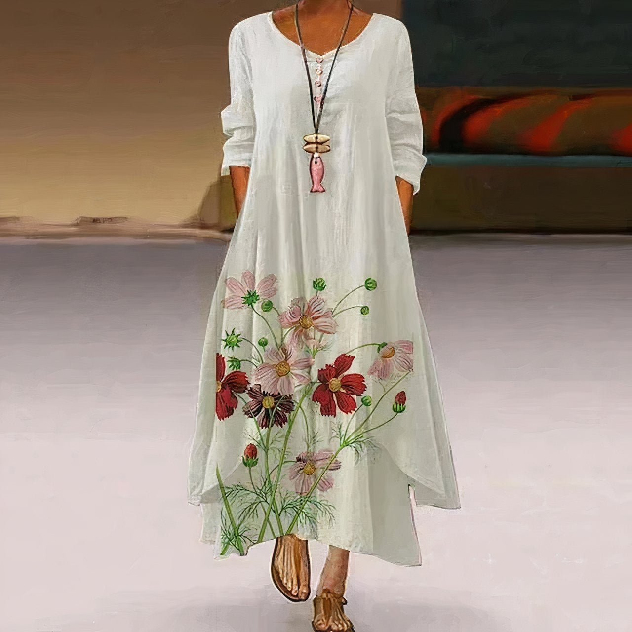 Uxía | Vestido Largo Floral Mujer Manga Larga Asimétrico