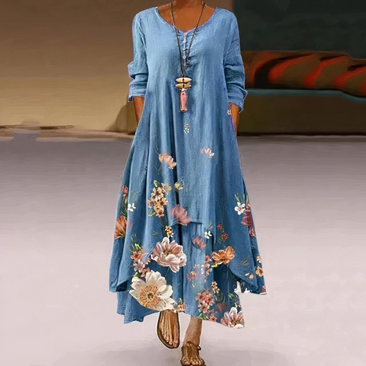 Uxía | Vestido Largo Floral Mujer Manga Larga Asimétrico