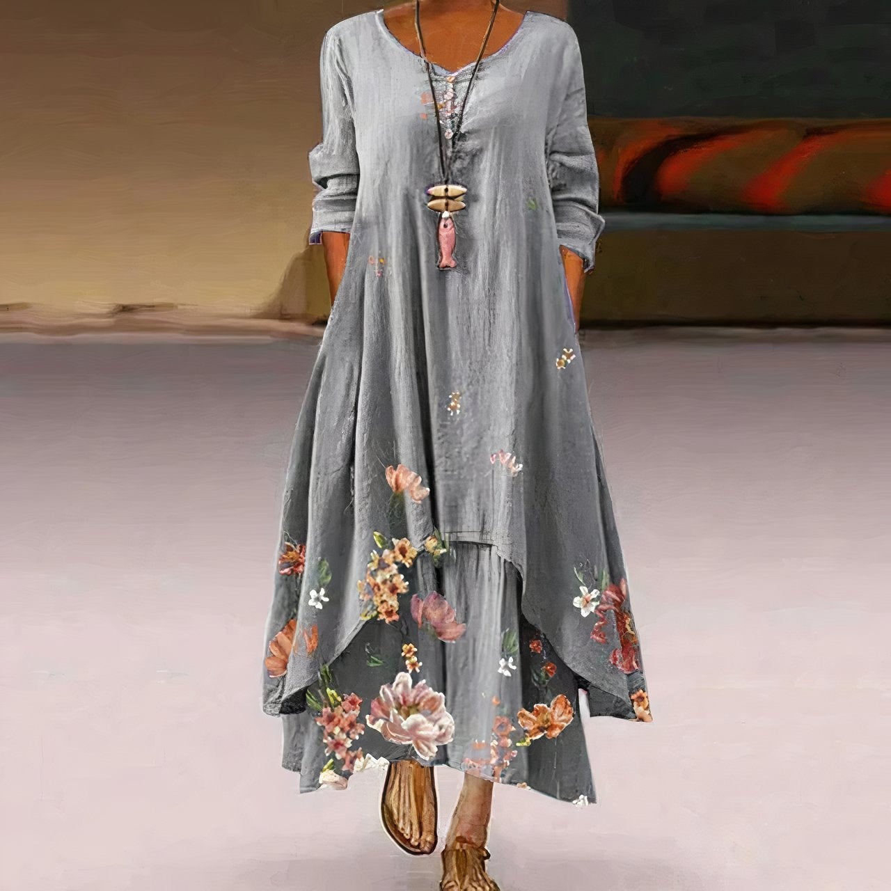 Uxía | Vestido Largo Floral Mujer Manga Larga Asimétrico