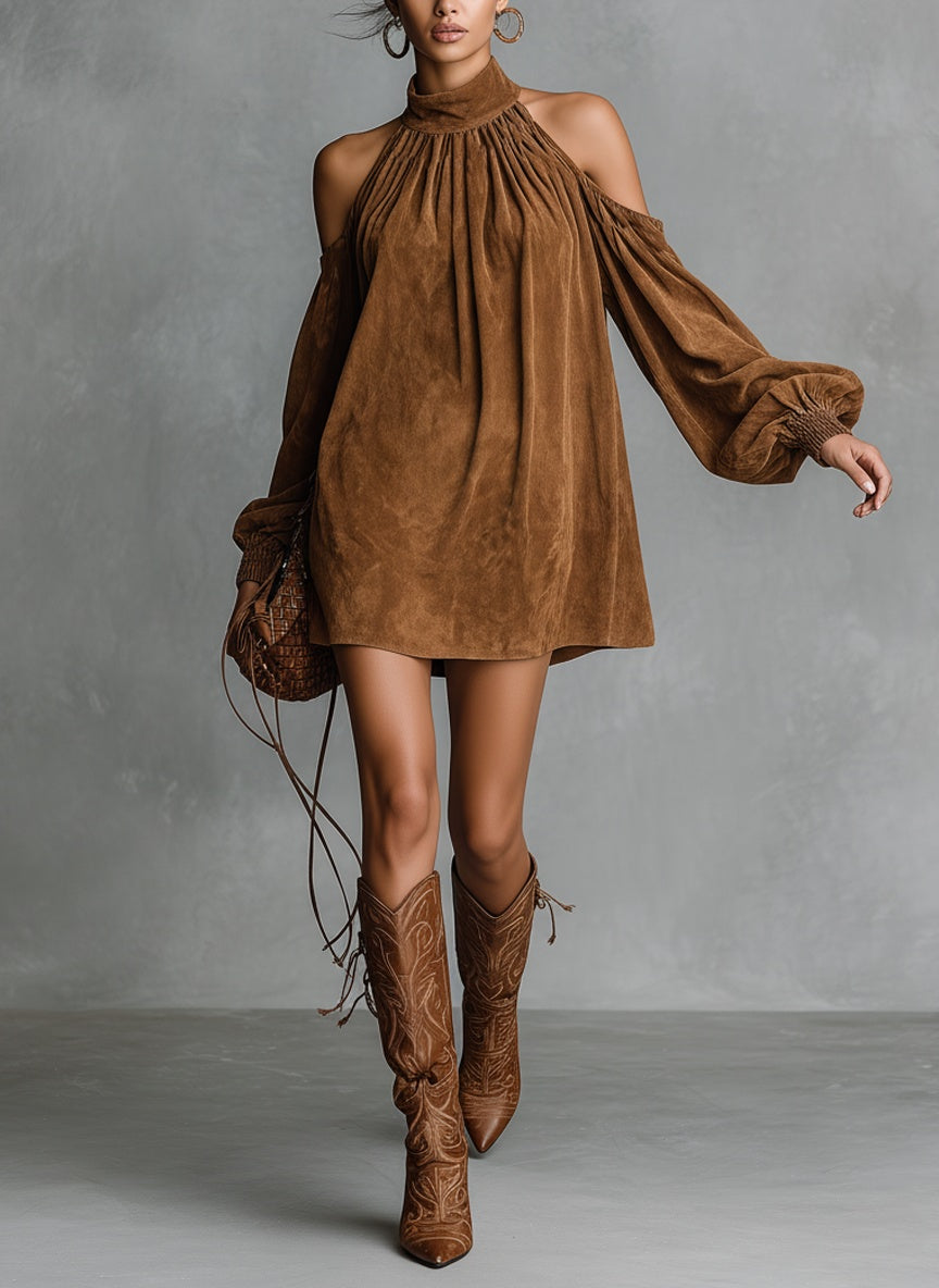 Vega | Vestido Corto de Otoño Holgado de Ante Sintético Mujer Manga Linterna Hombros Descubiertos