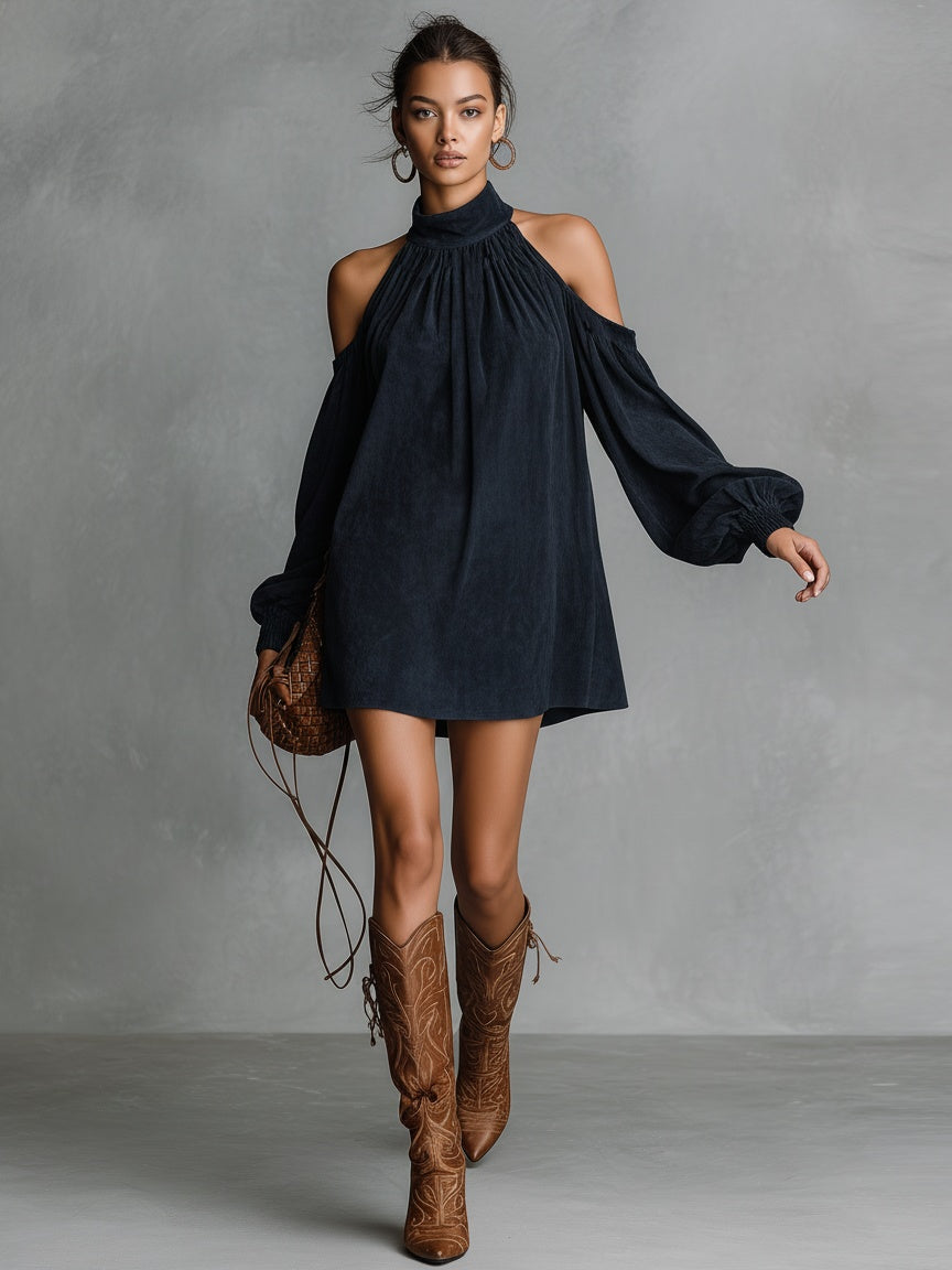 Vega | Vestido Corto de Otoño Holgado de Ante Sintético Mujer Manga Linterna Hombros Descubiertos