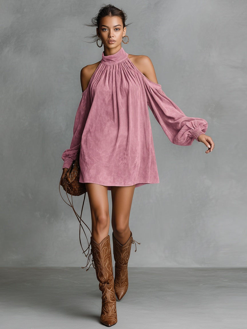 Vega | Vestido Corto de Otoño Holgado de Ante Sintético Mujer Manga Linterna Hombros Descubiertos