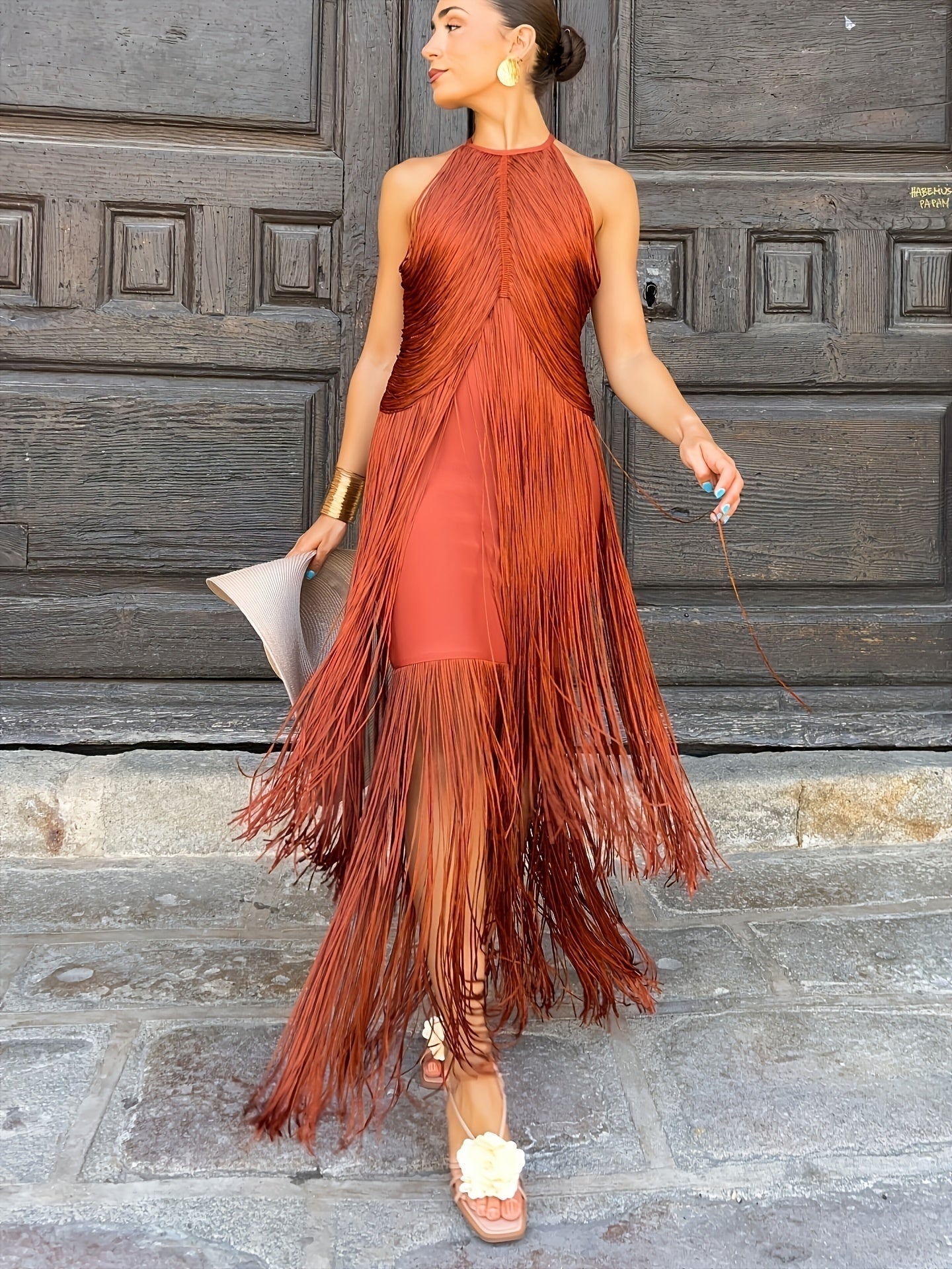 Encarna | Vestido de Fiesta Largo con Flecos Mujer Cuello Halter